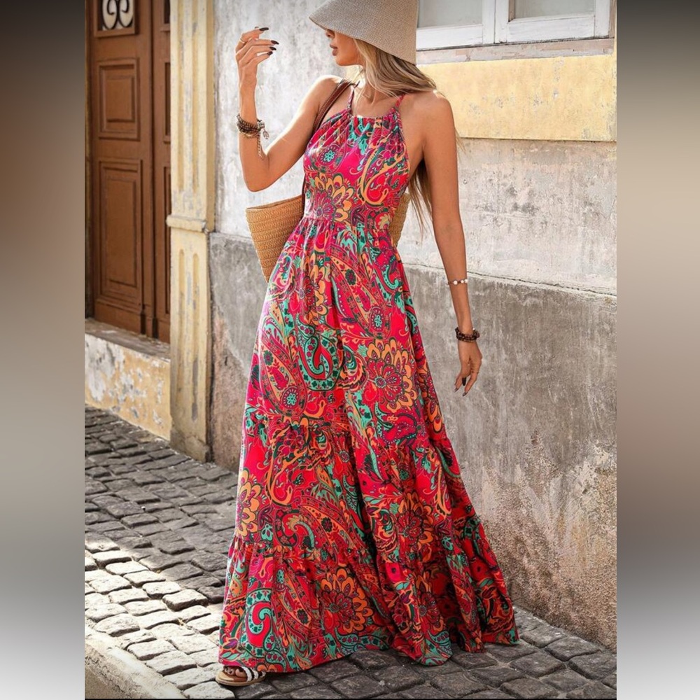 Boho print ruffle hem halter maxi dress
